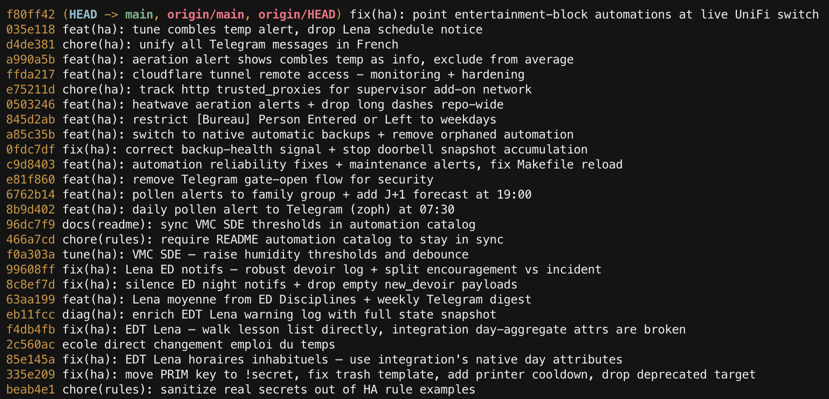 Screenshot: git log of recent automation commits